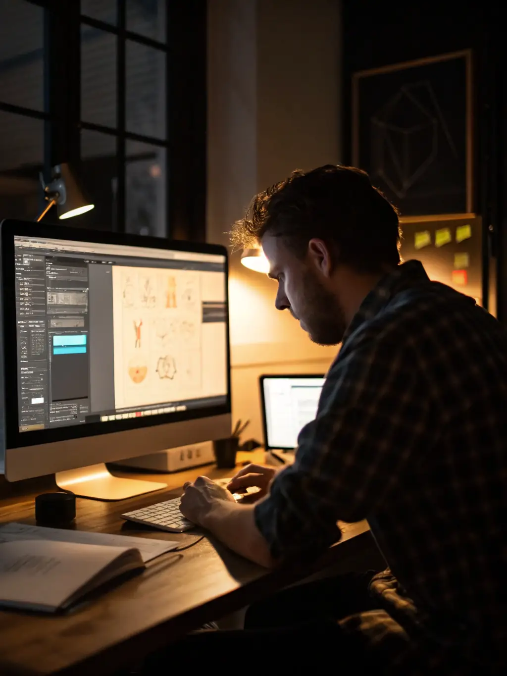 A designer working on a business card website, using a color palette and branding guidelines.