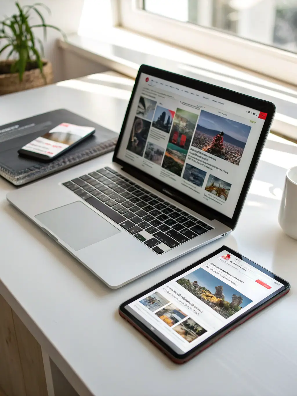 A business card website being tested on various devices, representing the testing and launch phase for Financerios.com.