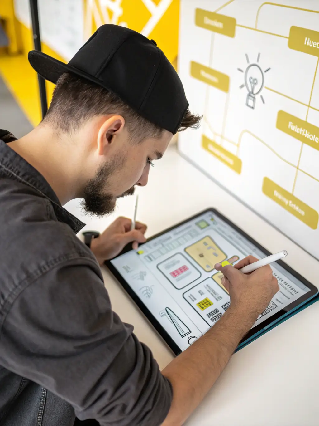 A designer sketching website layouts on a notepad, representing the initial planning stage of website design for Financerios.com.
